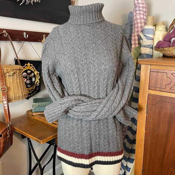 Massimo Dutti Sweaters - Grey Cable Knit Merino Wool Turtleneck Sweater Massimo Dutti